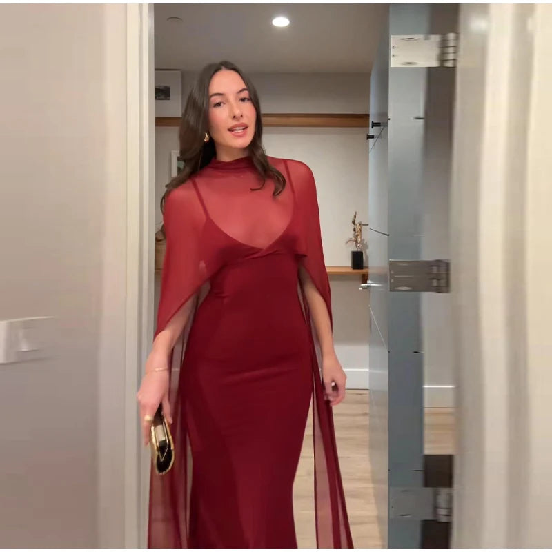 Monellier Sheer Cape Evening Gown — Elegance That Moves With You