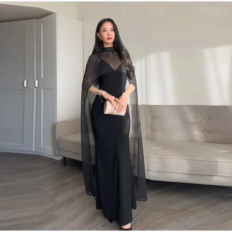Monellier Sheer Cape Evening Gown — Elegance That Moves With You