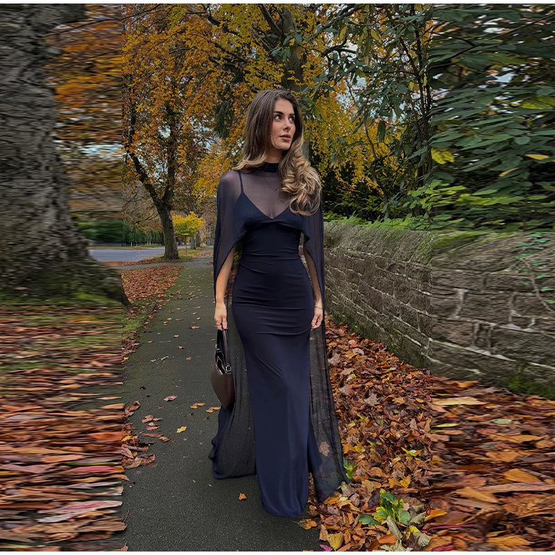 Monellier Sheer Cape Evening Gown — Elegance That Moves With You