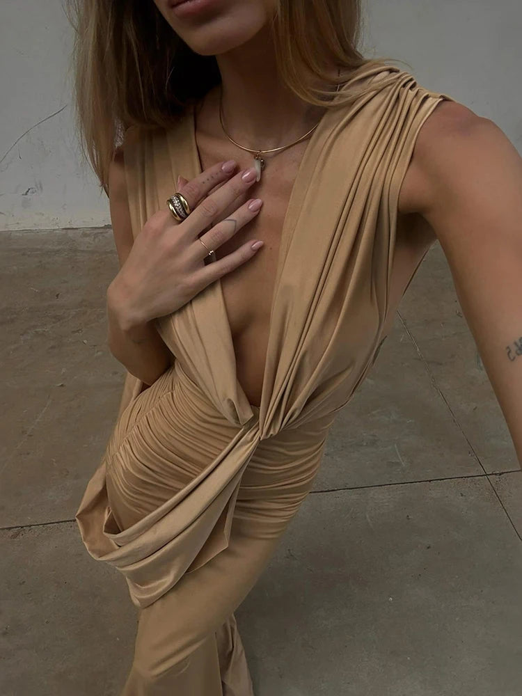 Monellier Ribbon Decoration Ruched Deep V-Neck Maxi Dress