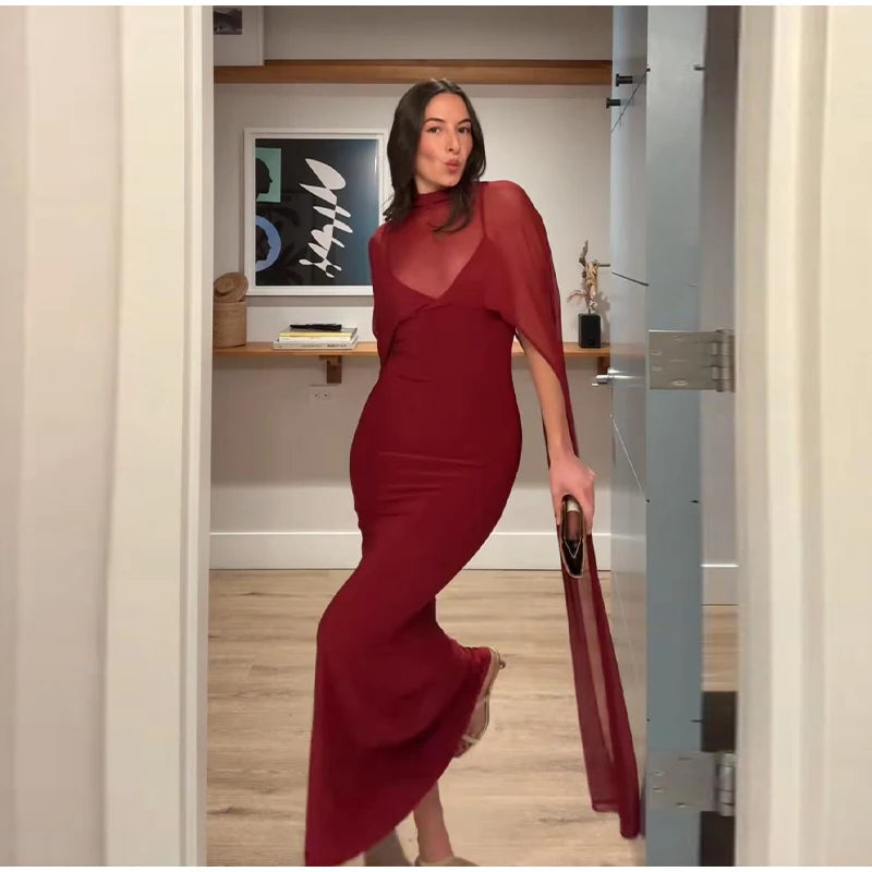 Monellier Sheer Cape Evening Gown — Elegance That Moves With You