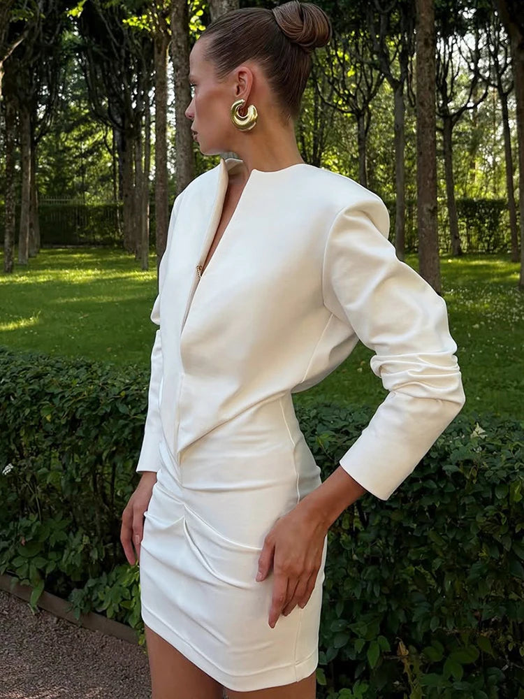 Monellier Pleated Deep V-Neck Mini Dress – Effortless Seduction with Classic Autumn Elegance