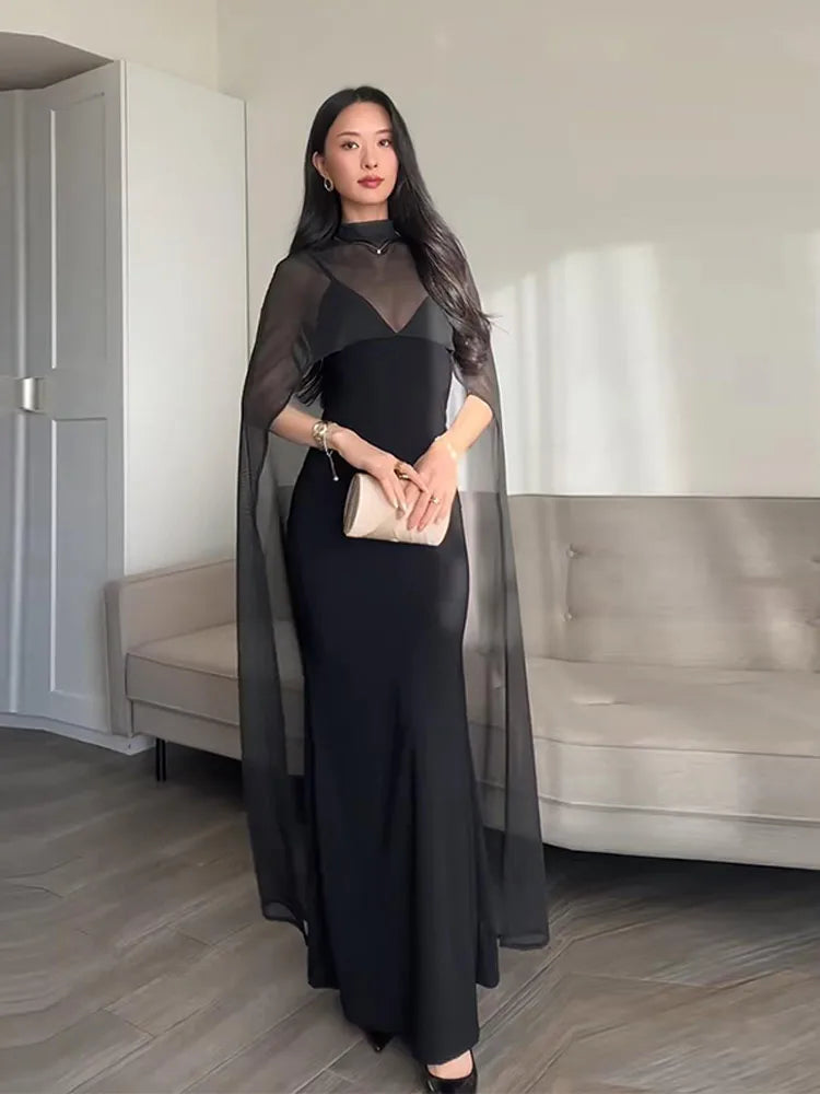 Monellier Sheer Cape Evening Gown — Elegance That Moves With You