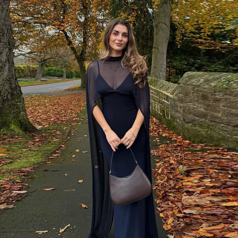 Monellier Sheer Cape Evening Gown — Elegance That Moves With You
