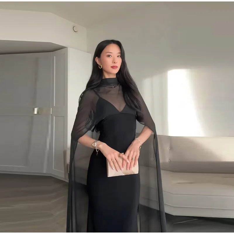 Monellier Sheer Cape Evening Gown — Elegance That Moves With You