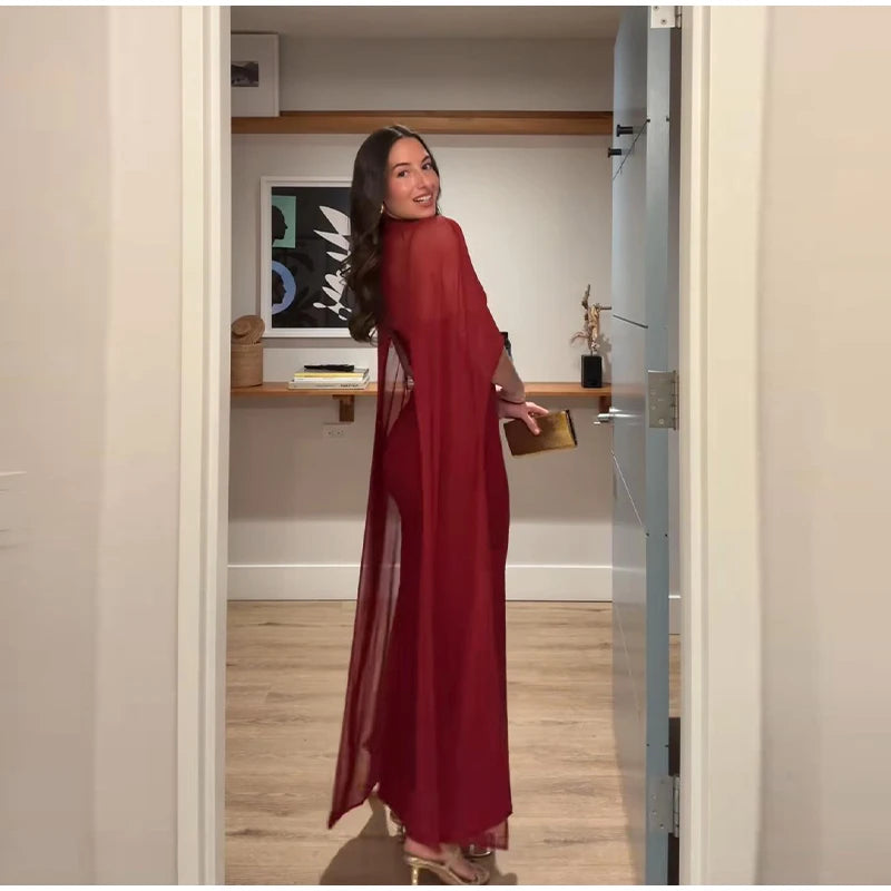 Monellier Sheer Cape Evening Gown — Elegance That Moves With You