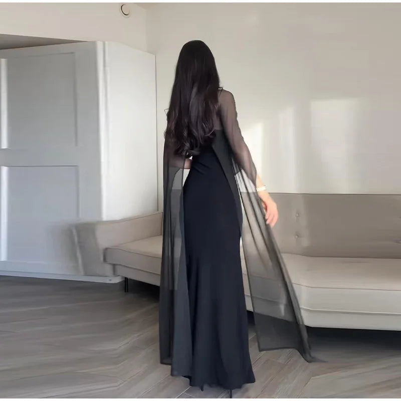 Monellier Sheer Cape Evening Gown — Elegance That Moves With You
