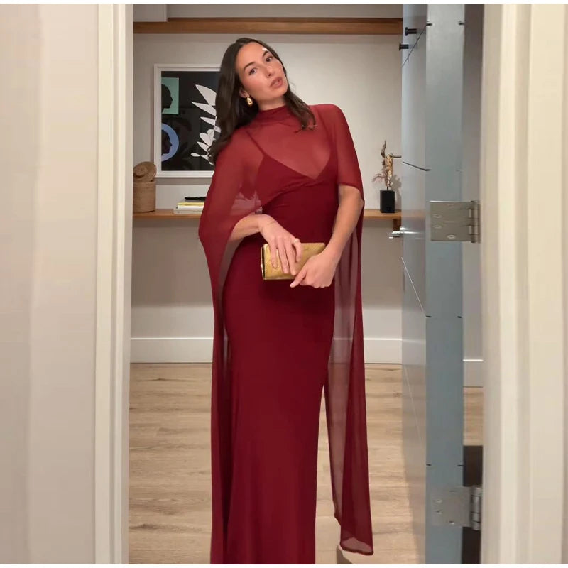 Monellier Sheer Cape Evening Gown — Elegance That Moves With You