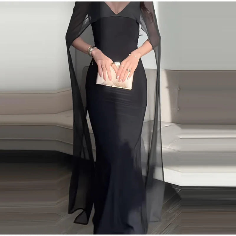 Monellier Sheer Cape Evening Gown — Elegance That Moves With You