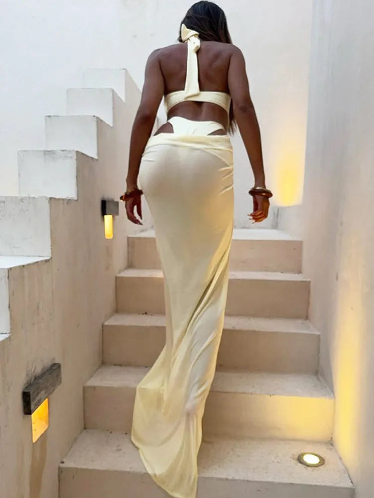 Monellier Hollow Out Halter Bodysuit & Maxi Skirt Set – Summer Elegance with a Sensual Touch