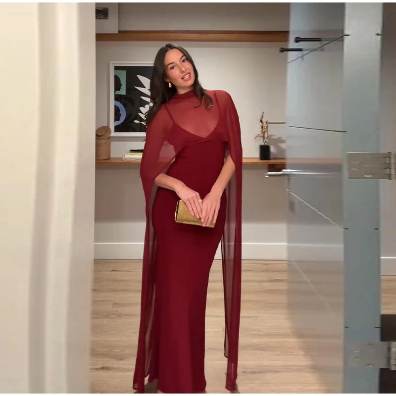 Monellier Sheer Cape Evening Gown — Elegance That Moves With You