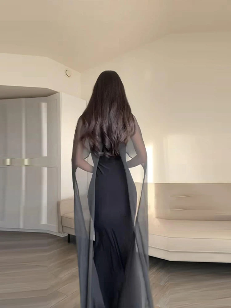Monellier Sheer Cape Evening Gown — Elegance That Moves With You